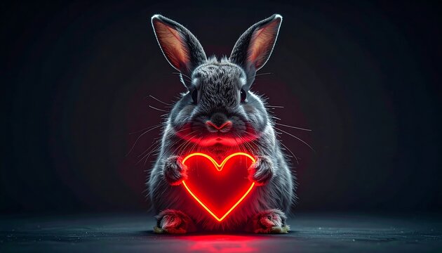 Cute bunny holding glowing neon heart on dark background