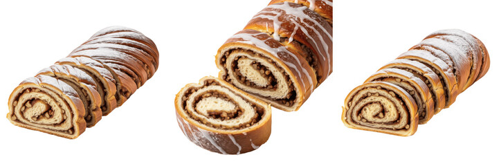 Fototapeta premium Set of Potica, Traditional Slovenian Rolled Nut Pastry with Swirled Filling, Festive Central European Dessert isolated on white transparent png background