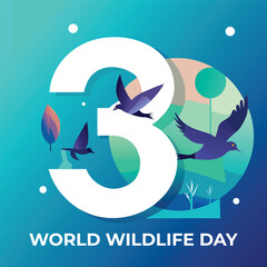 Fototapeta premium World wildlife day represented by number 3 with birds flying around abstract nature scene, conservation message illustration