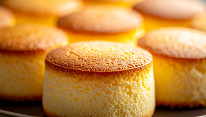 Japanese souffl&eacute; cheesecake with light airy texture, macro close up on soft natural background