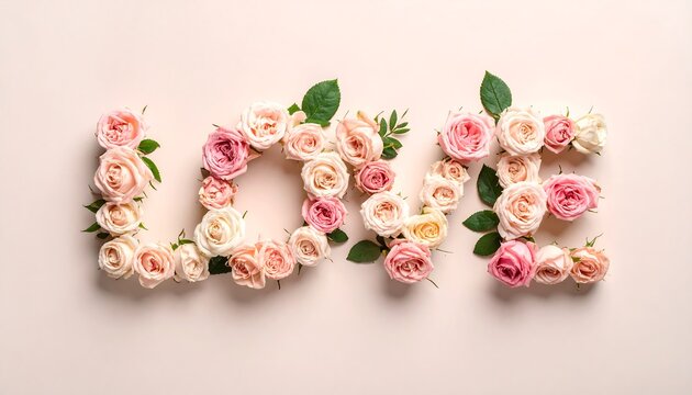 Floral love letters arrangement with roses on neutral background