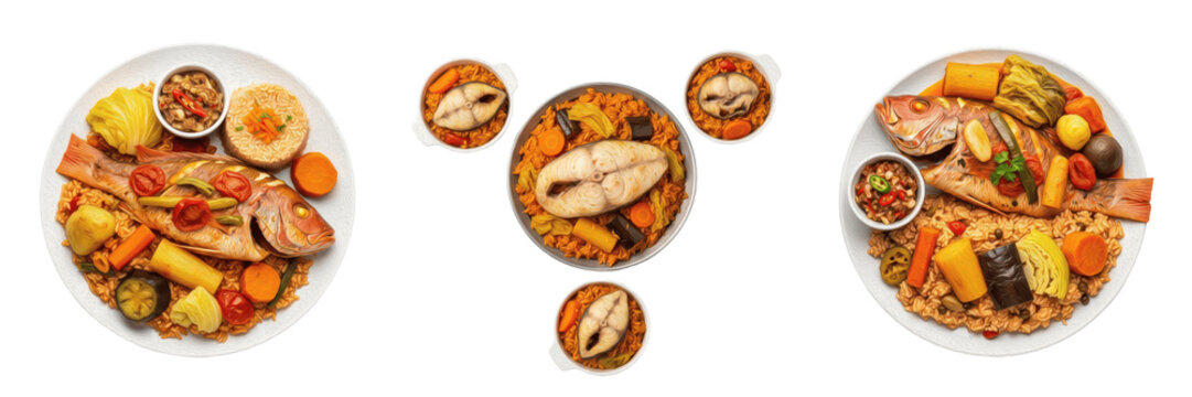 Set of Thieboudienne (Ceebu J&euml;n), Traditional Senegalese Fish and Rice Dish with Vegetables, West African National Cuisine isolated on white transparent png background