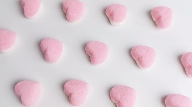 Rotating pattern of pink sugar heart gummies on white. Sweet Valentine background concept.
