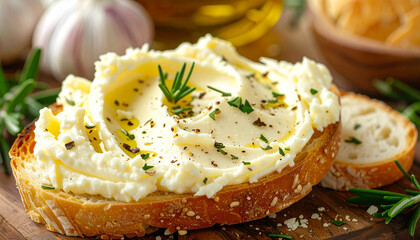 Soft cheese spread with garlic and fresh herbs, macro close up, warm tones