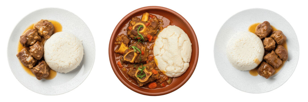 Set of Traditional Oxtail Stew with Pap, Hearty African Comfort Food Plate, Slow Cooked Meat with Rich Gravy isolated on white transparent png background