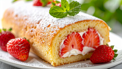 Vanilla sponge roll cake with strawberry cream filling, close up macro on soft natural background