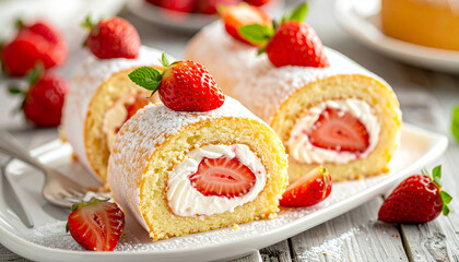 Vanilla sponge roll cake with strawberry cream filling, macro close-up, soft natural light