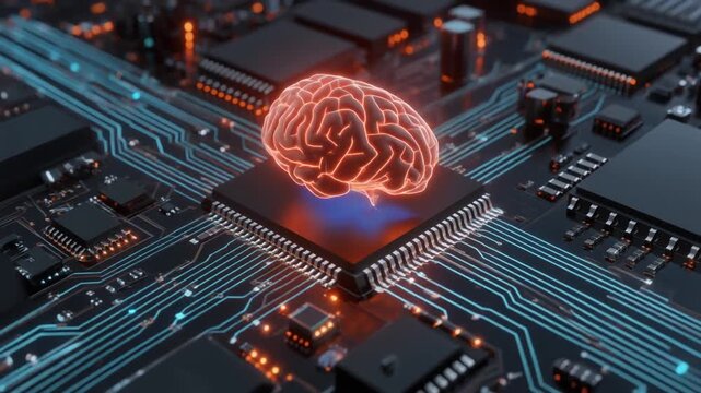"Digital rendering of computer motherboard with glowing red-orange holographic brain above CPU, surrounded by blue circuit lines symbolizing artificial intelligence, machine learning, and integration 