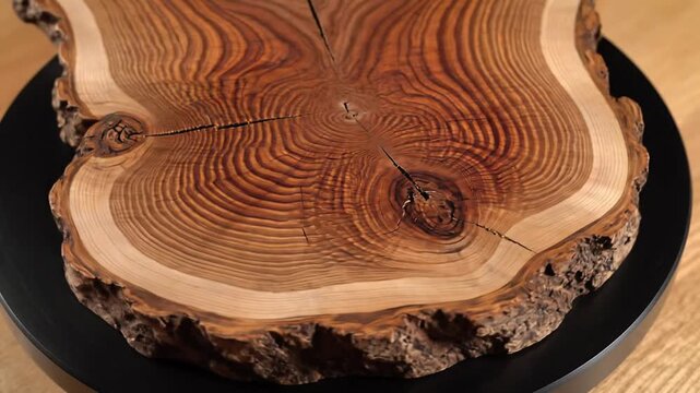 Close-up of a rotating cross-section of a tree trunk showing growth rings and texture