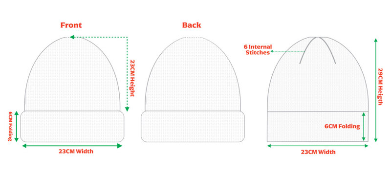 Knitted Beanie Hat Technical Drawing with Measurements Front and Back View Vector Template