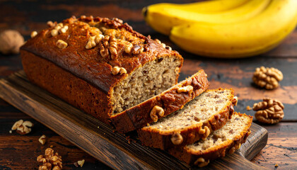 Banana bread loaf with walnut pieces on rustic wooden background, close up macro