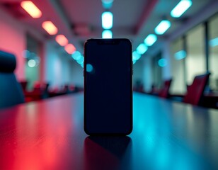 smartphone mockup with a dark screen on a desk in a neon office, themed for cybersecurity