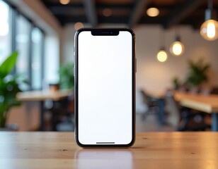 A front-facing smartphone mockup with a blank white screen standing on a wooden desk in a bright, modern open-plan office with warm pendant lights and blurred workstations