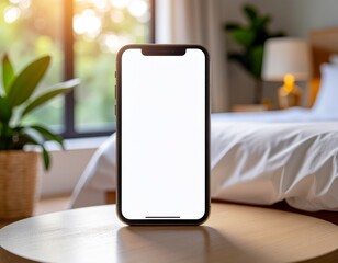 ​a front-facing smartphone mockup with a blank white screen standing vertically on a round wooden side table in a bright, modern bedroom with soft sunlight