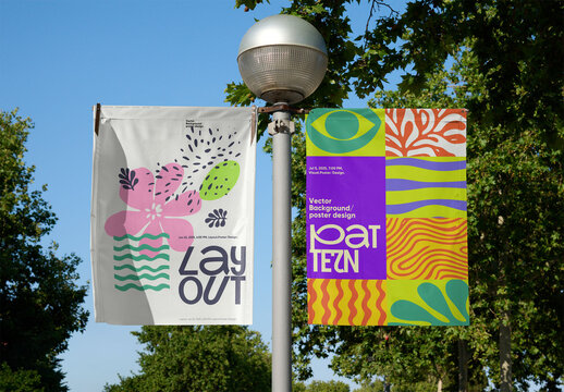 Real photo of two Blank Banners on a Street Lamp Stand in Barcelona. PSD mockup for your logo design.