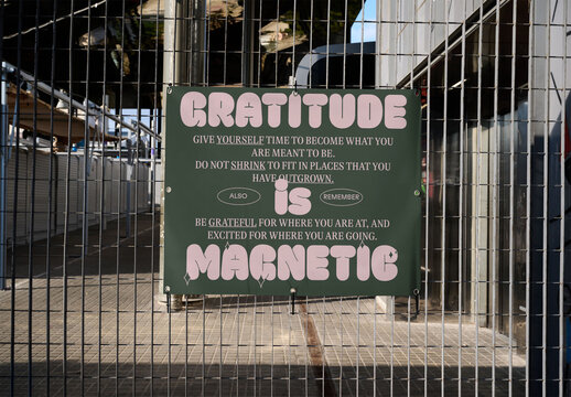 Real photo of Blank Sign on Wire Fence. PSD mockup for your logo design.