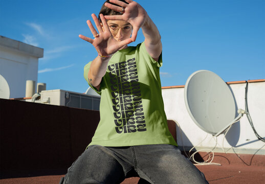 Real photo of T-Shirt Outside. PSD template mockup.
