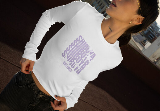 Real photo of Long-Sleeved T-Shirt on Model. PSD template mockup