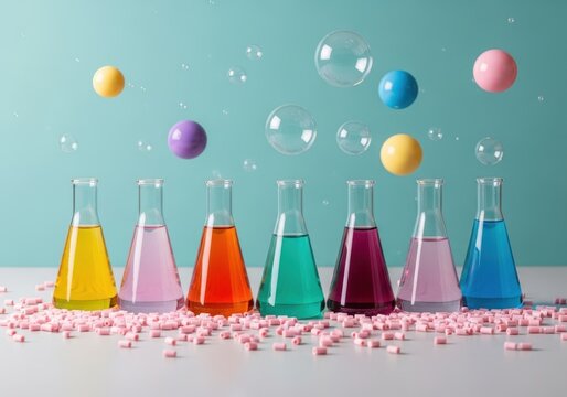 Photo featuring colorful beakers with liquids. Scientific party theme with balloons and bubbles. Birthday celebration concept with science experiments. Fun, bright lab themed decor for kids