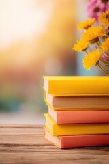 Stack of colorful books and vibrant flowers on wooden table in sunlit setting