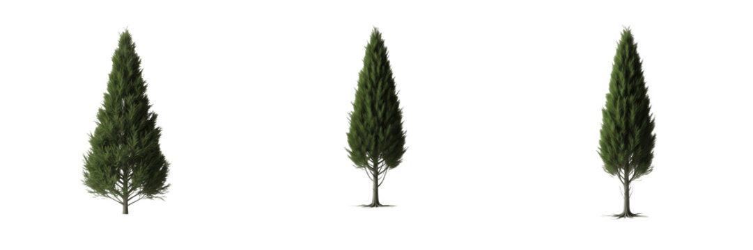 Cypress tree isolated on white background, standing on white floor &ndash; Cupressus spp., Mediterranean cypress, Italian cypress, ornamental cypress, conifer tree, evergreen tree, cypress leaves, cypress