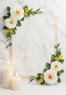 Elegant funeral invitation frame with lit candles and white roses. Marble background with gold border for memorial service or sympathy card. Peaceful design for remembrance.