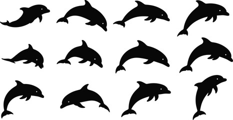 Dolphin Silhouette Collection Featuring Twelve Unique Swimming and Jumping Poses for Marine Life, Ocean Wildlife, and Design Use