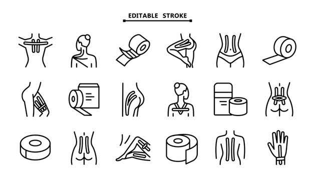 Kinesio Taping Icon Set: Outline Symbols for Spine, Hip and Lower Back Application Techniques