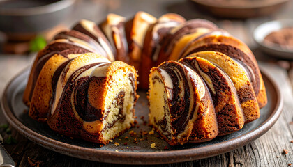 Marble bundt cake with vanilla and chocolate swirl pattern on rustic ceramic plate, close up