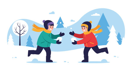 Fototapeta premium Two joyful boys in warm winter clothes having a fun snowball fight in a snowy landscape with pine trees in the background.