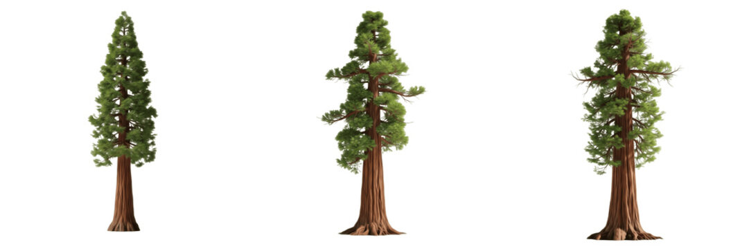 Redwood tree isolated on white background, standing on white floor &ndash; Sequoia sempervirens, giant redwood, coastal redwood, temperate redwood, ornamental redwood, redwood trunk, redwood leaves, giant