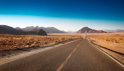 Fototapeta premium A Lonely Desert Road Winding Through Barren Land With Distant Mountains Rising In The Background