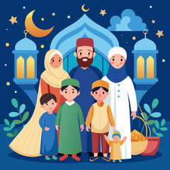 Fototapeta premium Muslim family celebrating Eid-ul-Fitr together vector illustration