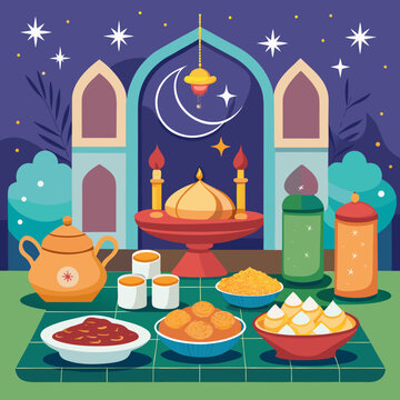Traditional Eid-ul-Fitr food table vector illustration