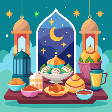 Traditional Eid-ul-Fitr food table vector illustration