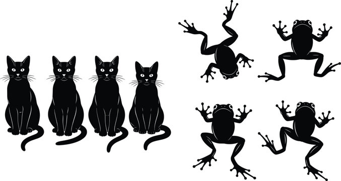 Black cat silhouettes and frog silhouettes vector set, sitting domestic kittens and jumping amphibians isolated on white background for graphic design
