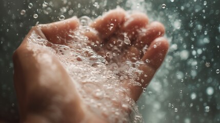 Water droplets splash onto an open hand, creating bubbles and movement in a close-up scene of liquid dynamics