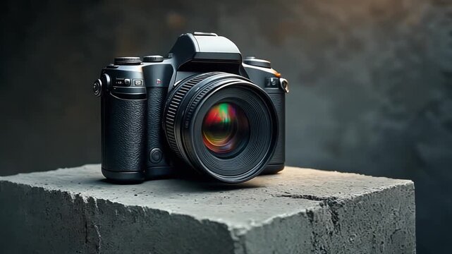Cinematic macro shot of professional camera on concrete block, moody lighting, soft shadows, shallow depth of field, ultra detailed lens reflections, dramatic studio atmosphere, 8K product showcase