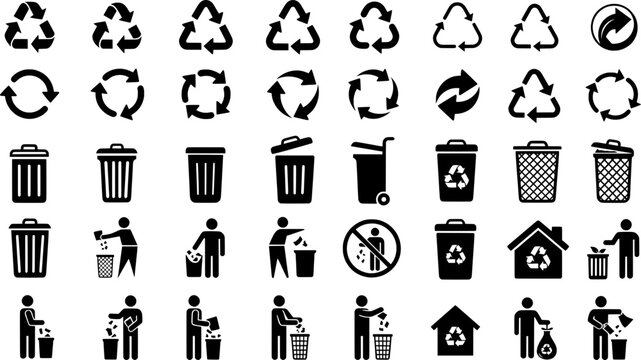 Recycling symbols and waste management icon collection in black silhouette style