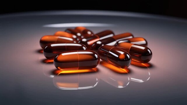 Brown softgel capsules on reflective surface, dramatic studio lighting, medical supplement concept, ultra detailed texture, clean pharmaceutical advertisement style, 8K UHD.