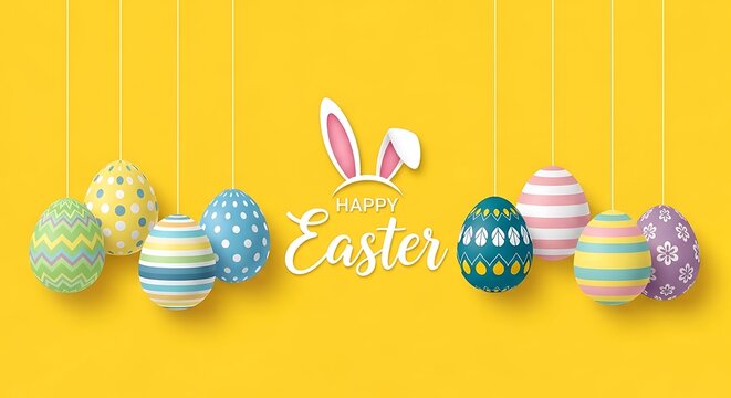 Happy Easter text with stylish bunny ears and hanging patterned eggs on yellow background for holiday greeting