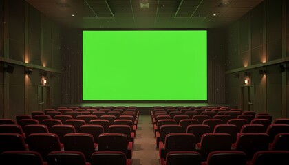 Fototapeta premium Empty modern cinema auditorium with rows of red seats facing a vibrant green screen for content display