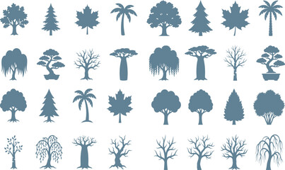 Set of tree silhouettes in black vector style featuring palm and birch with leaves and branches in a natural forest design