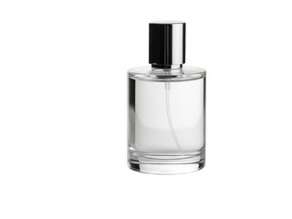 Naklejka premium Elegant transparent perfume bottle with silver cap on white background