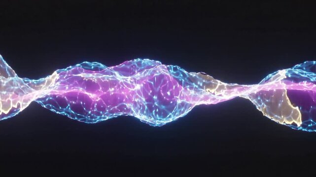 Digital genetic sequence visualization with glowing energy waves. Horizontal camera movement across blue and purple double helix strands.