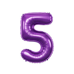 Glossy purple foil number five balloon floating against a plain background