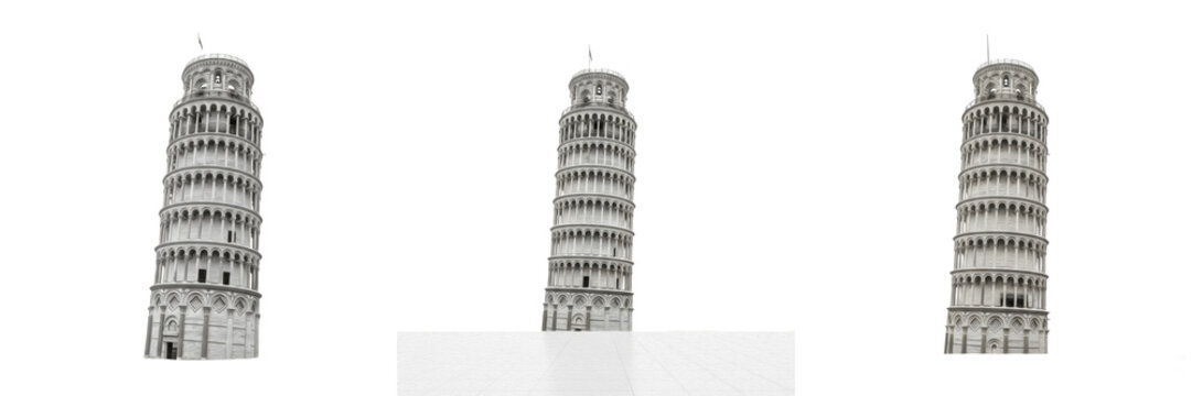 Leaning Tower of Pisa Italy isolated on white background, iconic tilted bell tower landmark, Torre Pendente di Pisa, Piazza dei Miracoli architecture cutout PNG, white floor, no shadow