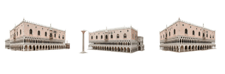 Fototapeta premium Doge’s Palace Venice Italy isolated on white background, Venetian Gothic palace landmark, Palazzo Ducale Venezia, historic government building architecture cutout PNG, white floor, no shadow