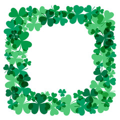 Fototapeta premium Shamrock clover leaves frame, border with copy space, vector texture on transparent background. Saint Patrick Day backdrop. Traditional elements. Hand drawn flat illustration. Irish holiday design.