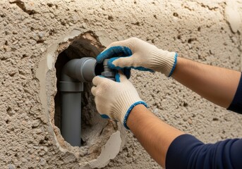 Plumber installs drain pipe adapter. Worker connects grey plastic tube to wall opening. Professional plumbing service for home or building construction renovation.